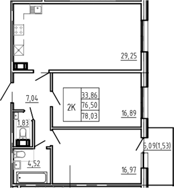 2-комнатная квартира 78.03 м², 2/5 эт., Комплекс апартаментов «Bereg. Курортный»